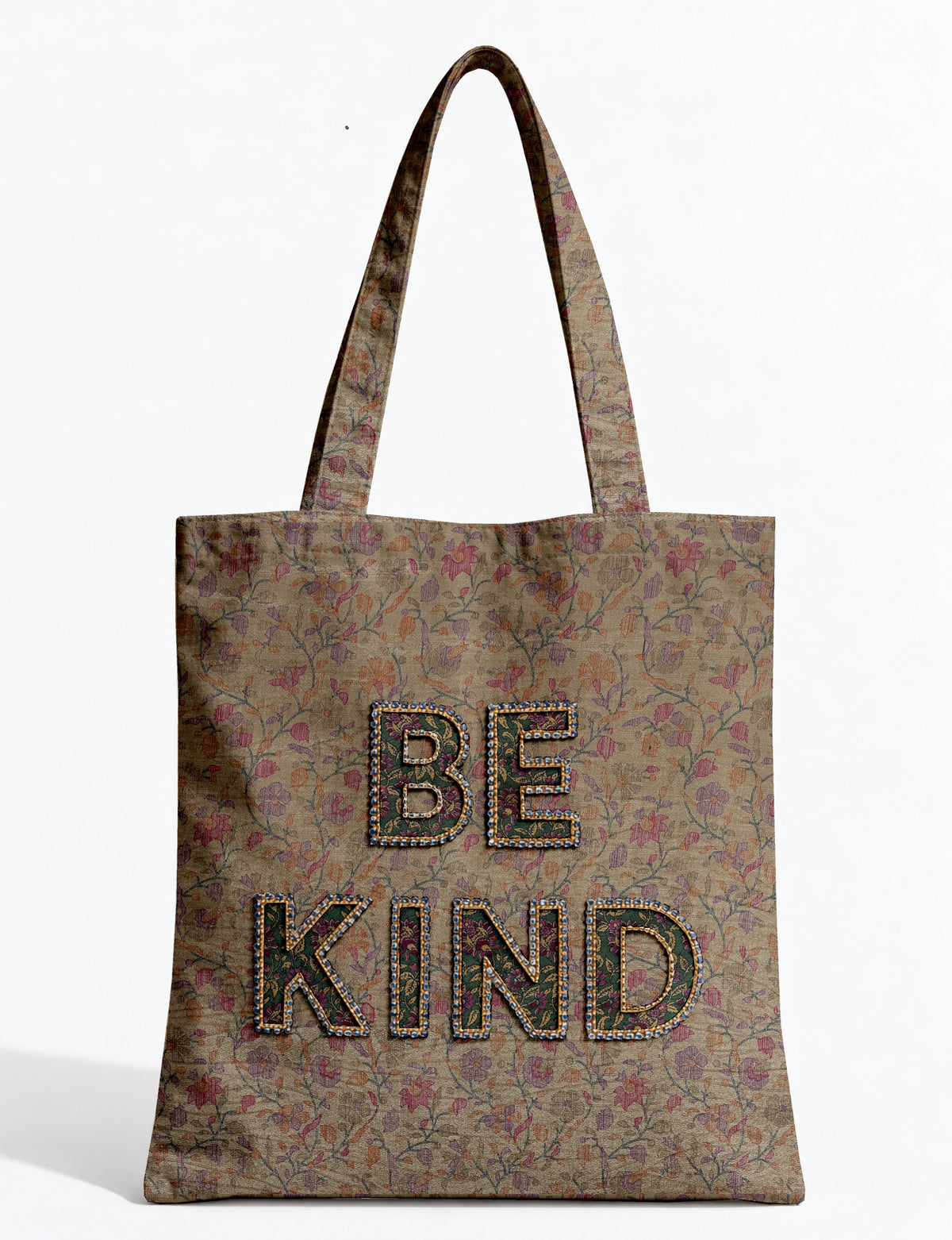 Be Kind tote bag with contrast sari fabric appliqué lettering, double shoulder straps, and front slip pocket.