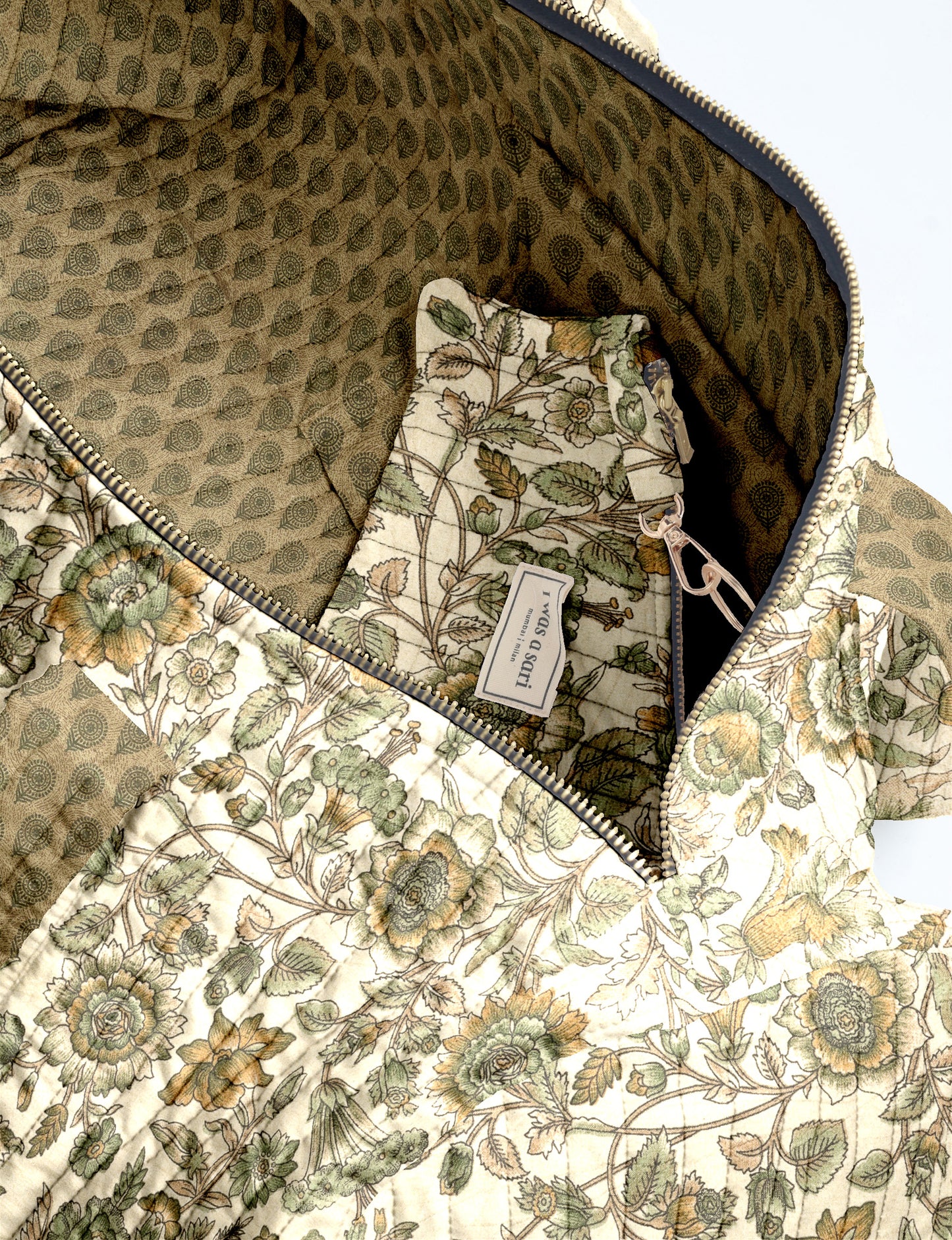 Quilted brown paisley bowling bag with gold zipper, floral interior lining, and interior key clip with label inside pocket
