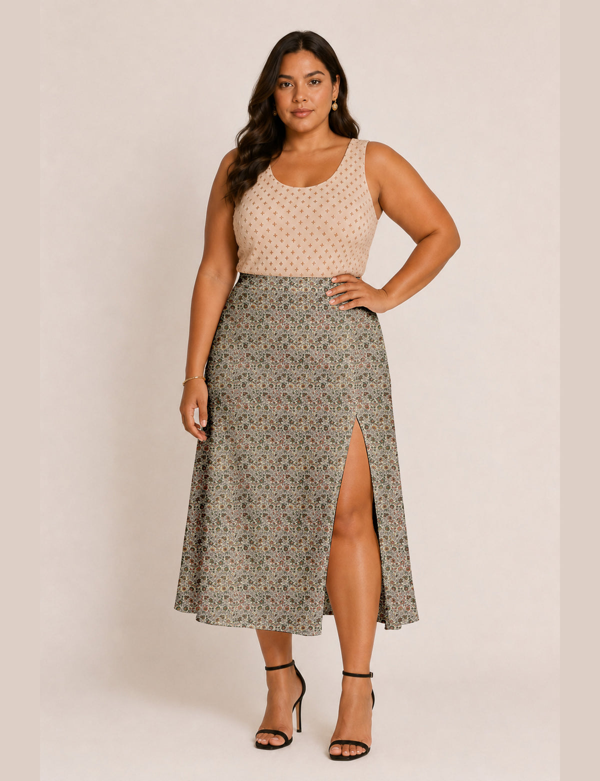 A line skirt with slit - Beige Floral