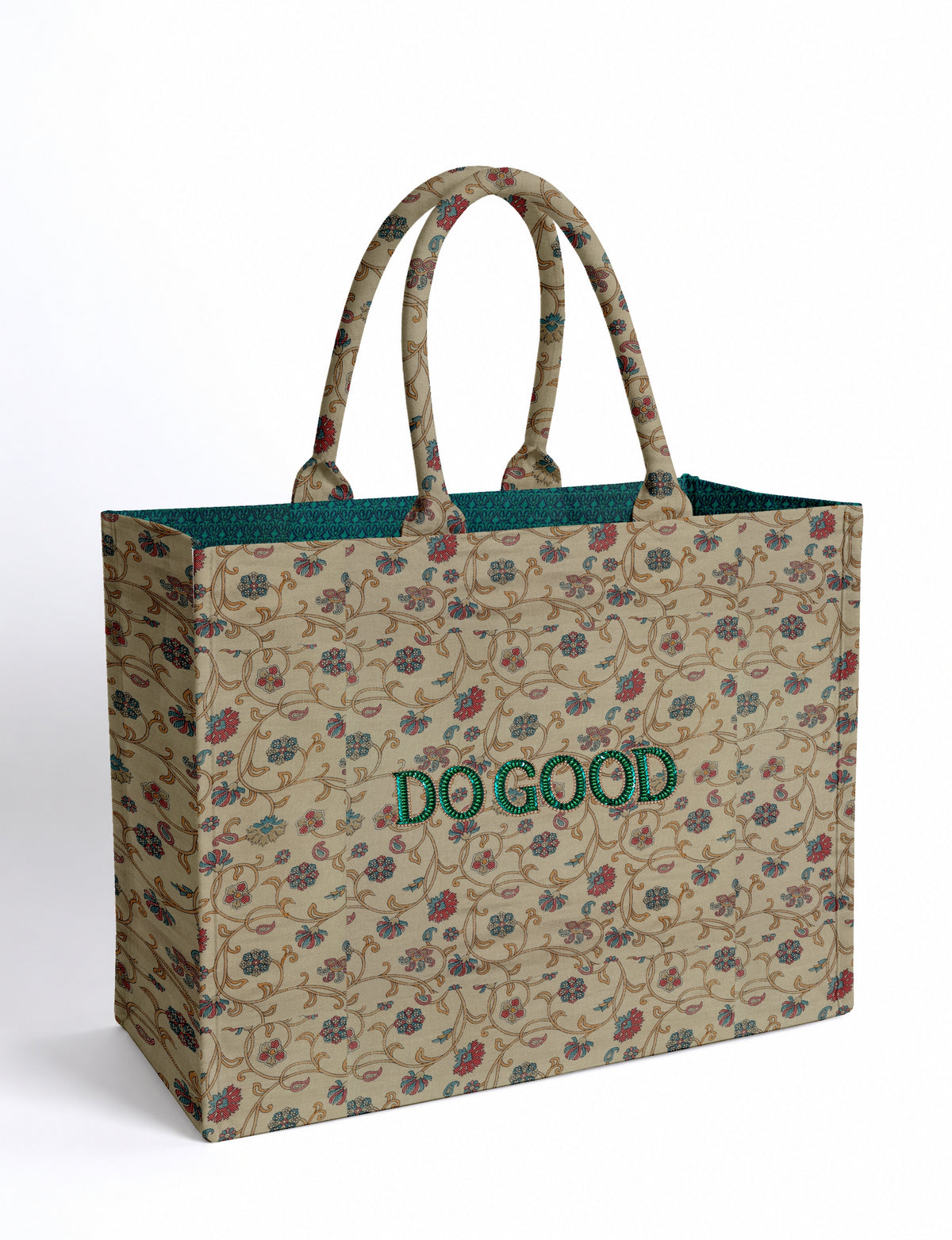 Structured DO GOOD work tote bag featuring embroidered appliqué lettering on the front, double padded shoulder handles and an internal zippered pocket.