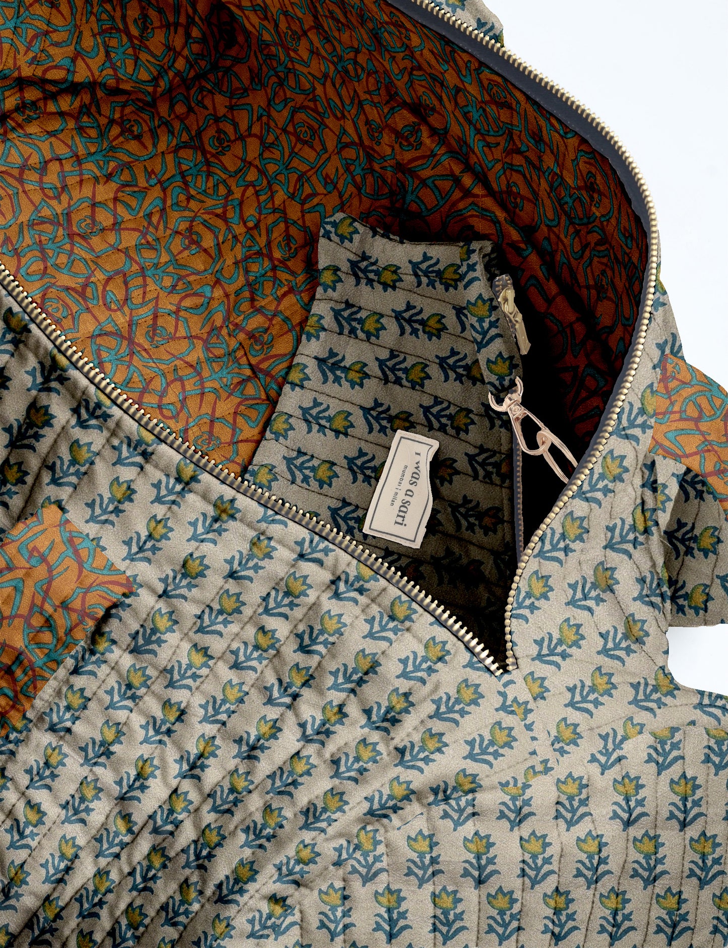 Brown paisley quilted bowling bag with dual handles, front zipper pocket, and "I was a sari" label on front side