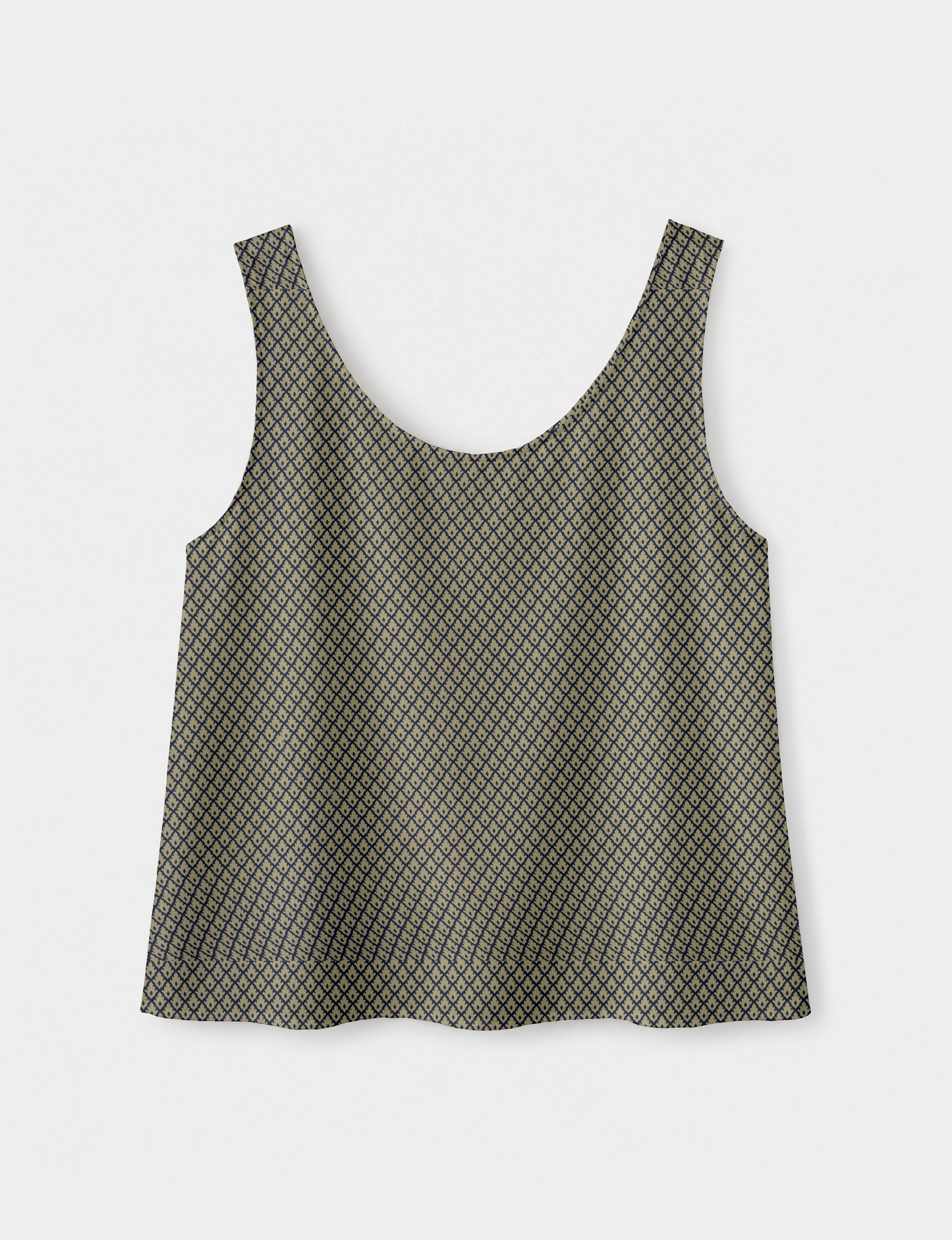 Women's sleeveless blouse with a relaxed straight fit, wide scoop neckline, deep scoop back, and hip-length silhouette.