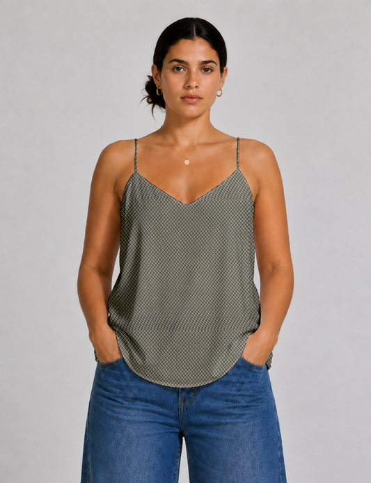 Women's sleeveless slip top with a relaxed straight fit, soft V-neckline, deep V-back, and delicate spaghetti straps.