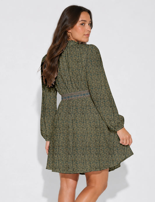 Swing dress with detachable tie belt, gathered ruffle neckline, full-length voluminous sleeves, elastic cuffs, and relaxed A-line silhouette in an above-knee length.