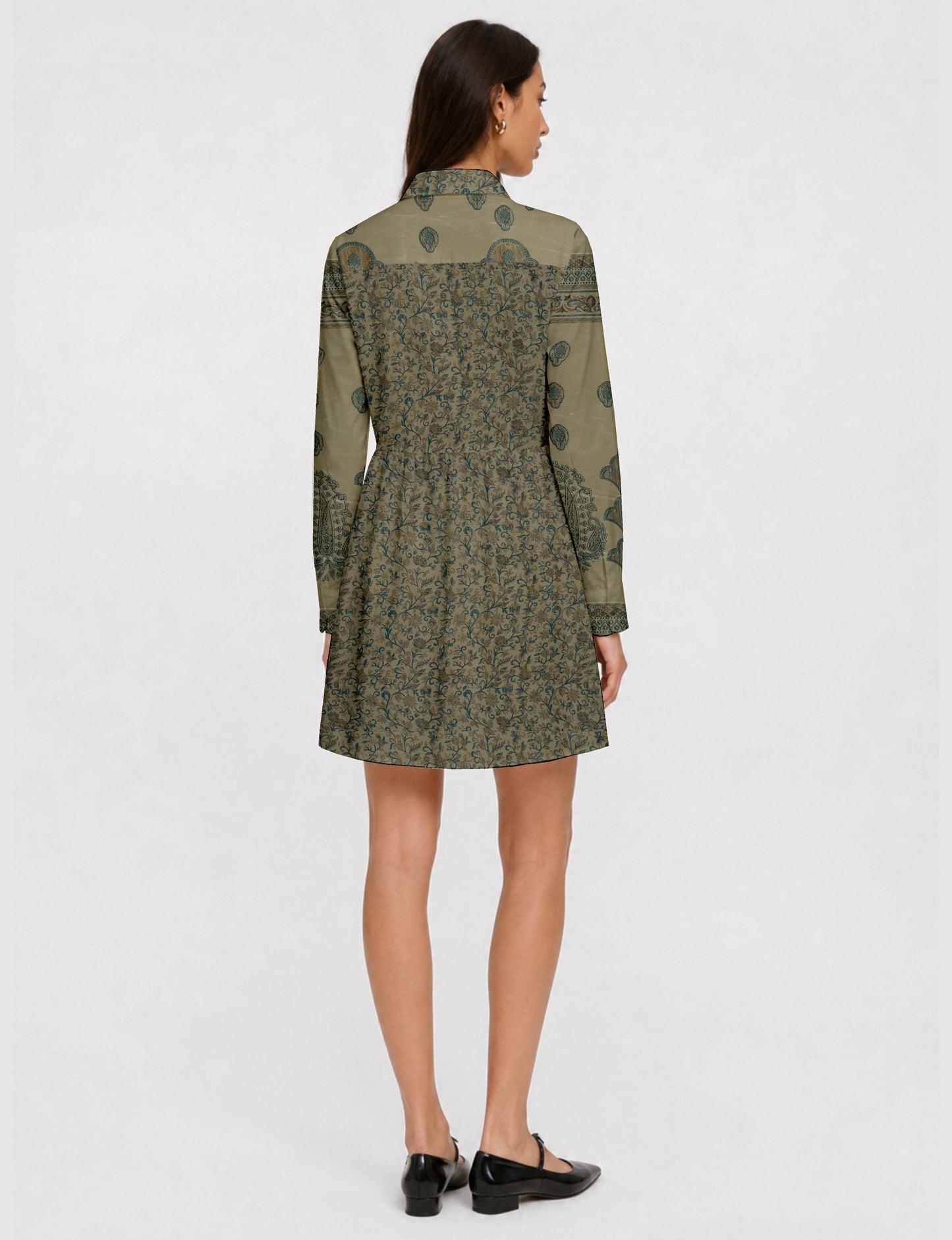 Short shirt dress with a relaxed A-line silhouette, point collar, partial button placket, gathered waist, side pockets, and full-length cuffed sleeves.