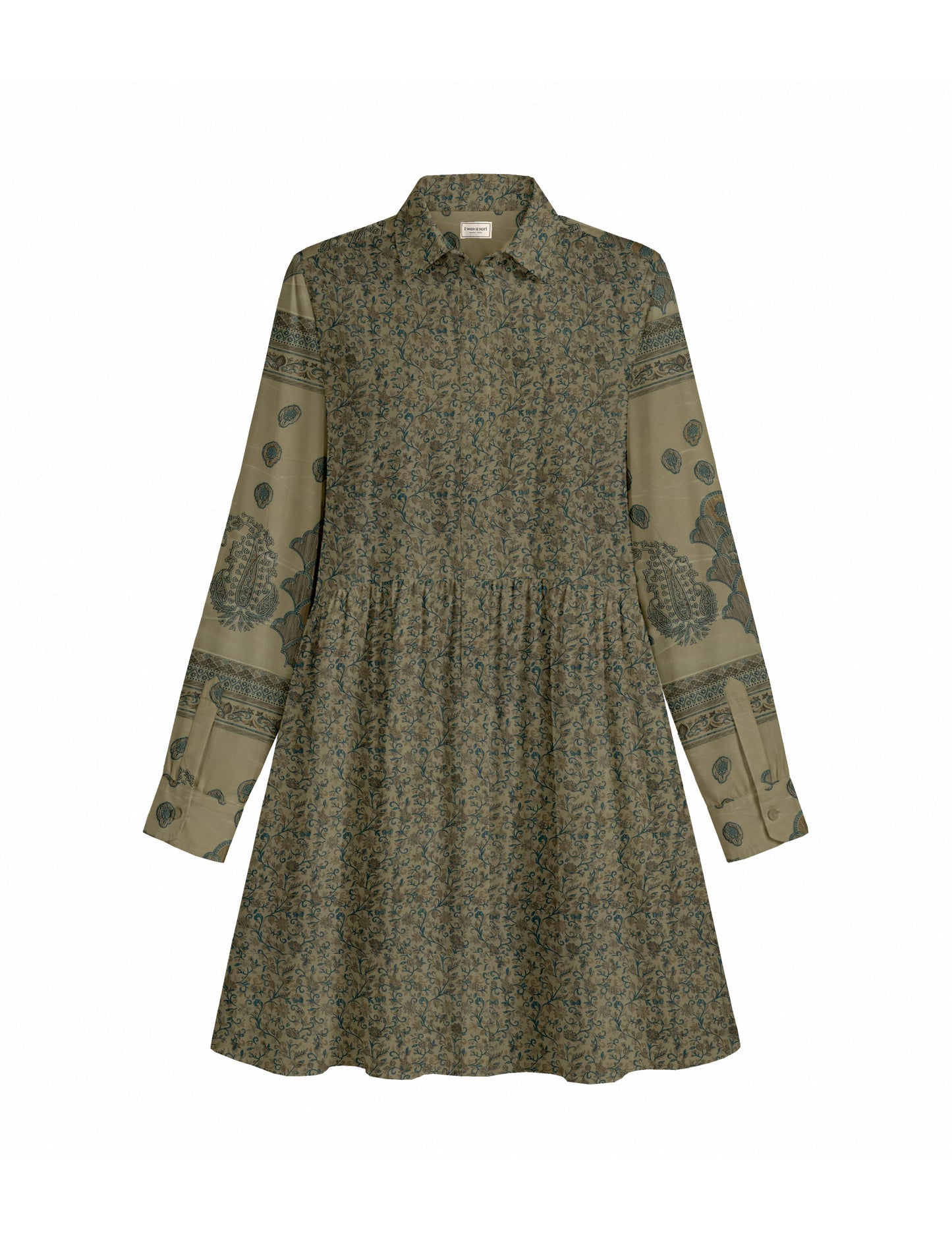 Short shirt dress with a relaxed A-line silhouette, point collar, partial button placket, gathered waist, side pockets, and full-length cuffed sleeves.