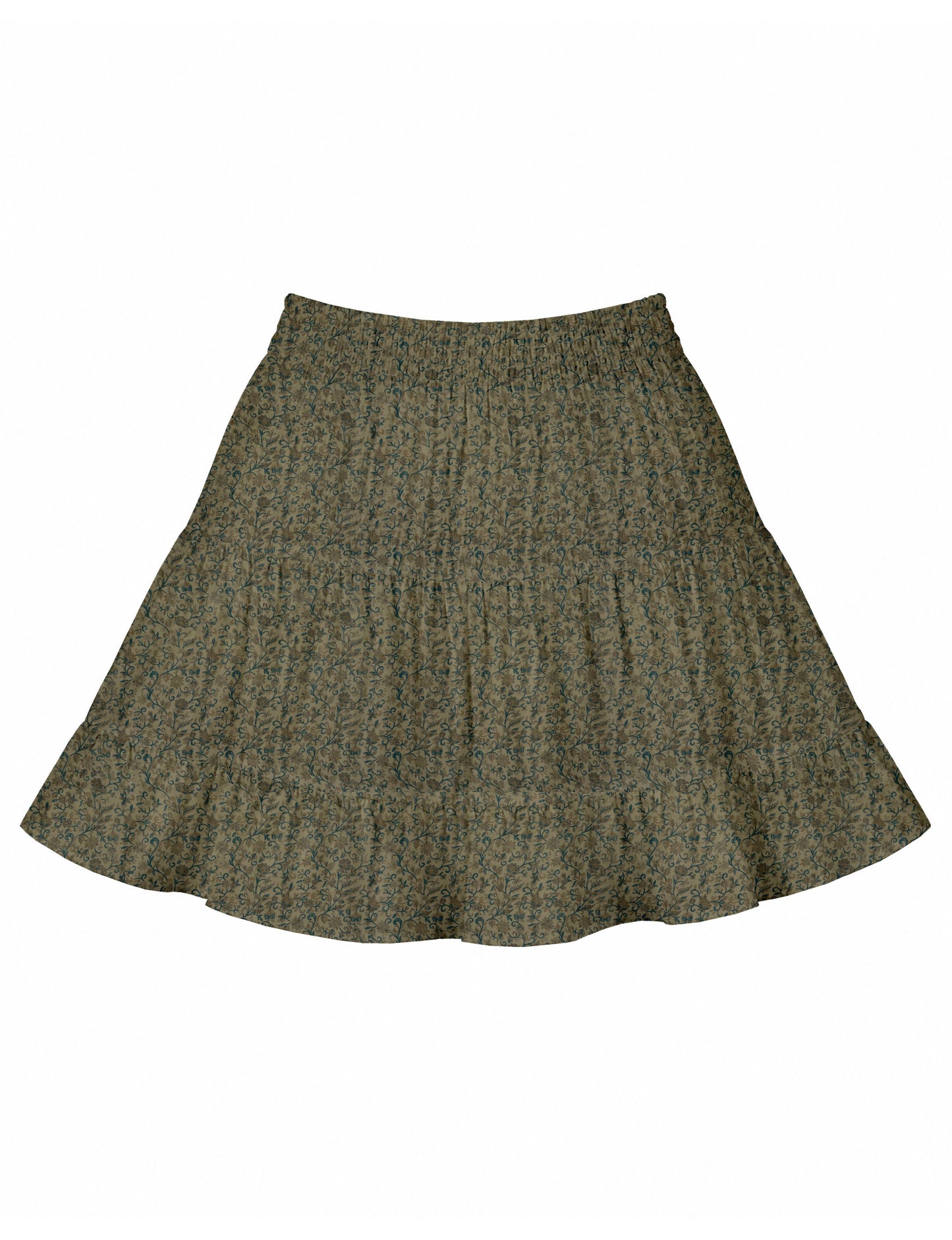 Short tiered skirt with a fitted waistband, knife pleats, softly flared silhouette, side seam pockets, and above-the-knee length.
