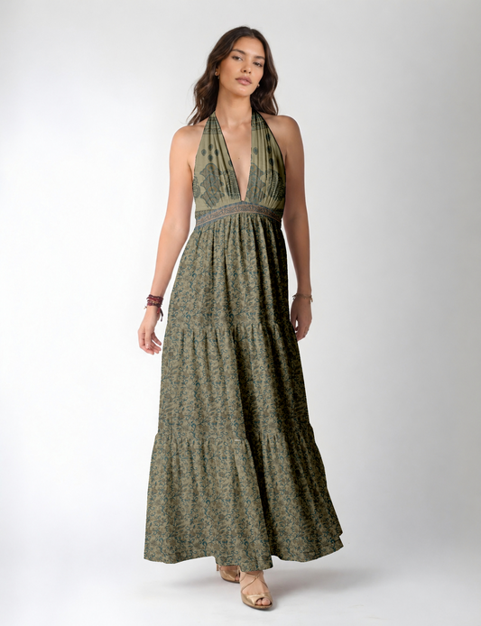 Maxi tiered dress by I was a Sari with halter neckline and flowy silhouette