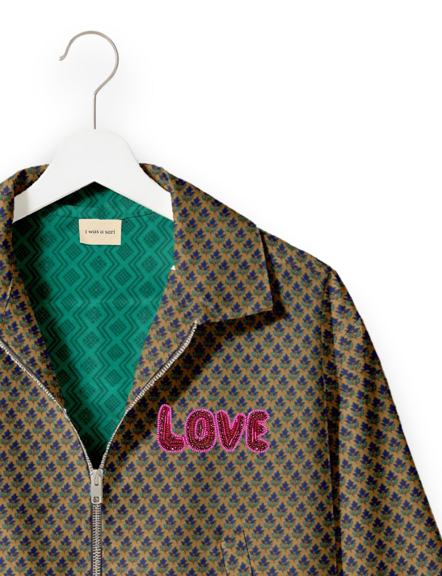 Love Bomber Jacket made from recycled fabric, featuring hand-stitched Aari embroidery. A unique piece of zero-waste clothing, part of the circular fashion movement. Designed with upcycled materials for a stylish yet environmentally friendly clothing choice.
