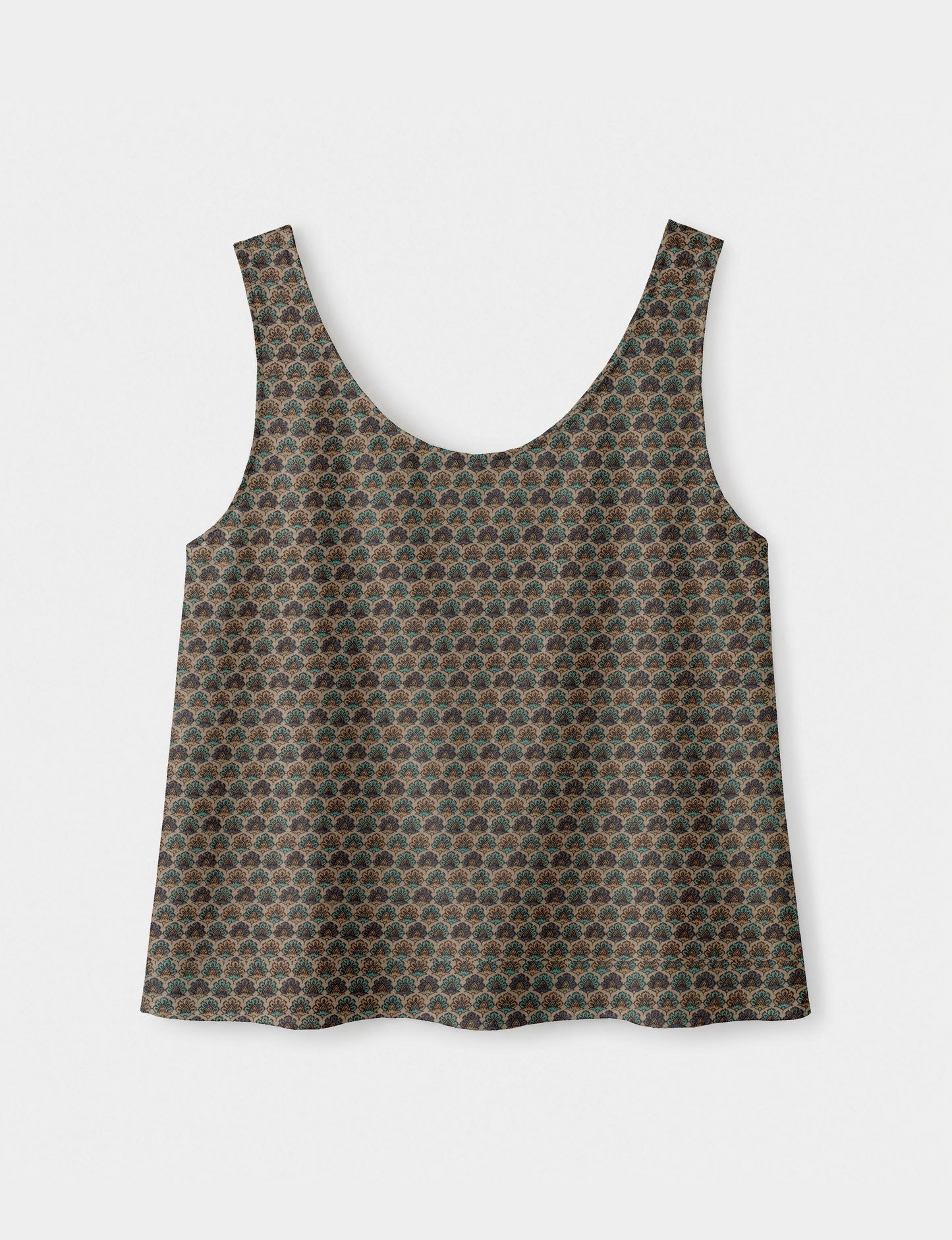 Women's sleeveless blouse with a relaxed straight fit, wide scoop neckline, deep scoop back, and hip-length silhouette.