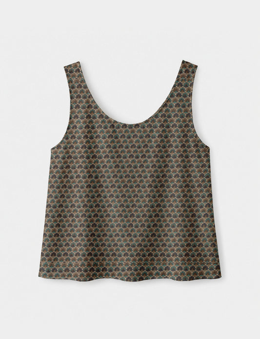 Women's sleeveless blouse with a relaxed straight fit, wide scoop neckline, deep scoop back, and hip-length silhouette.