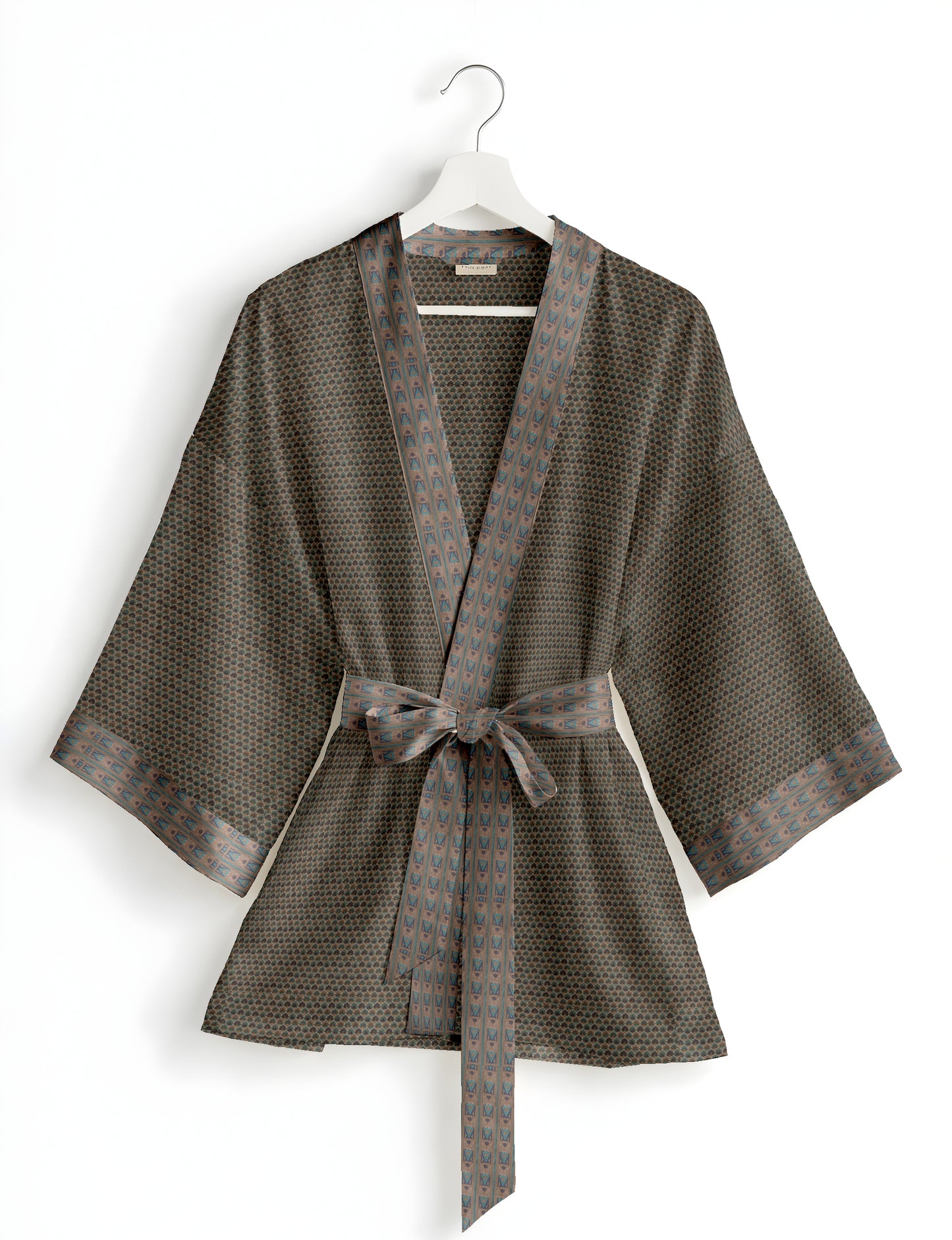 Short kimono robe with wrap front, V-neckline, wide sleeves, waist tie, and concealed skort detail.