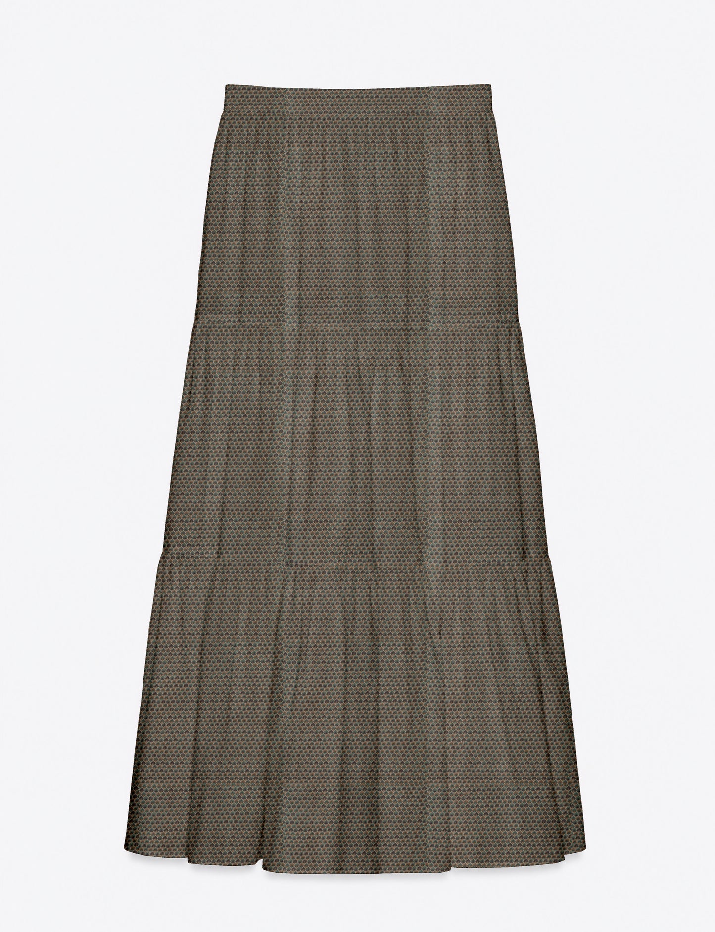 Yellow midi tiered skirt with small dark geometric micro pattern, flat lay front view
