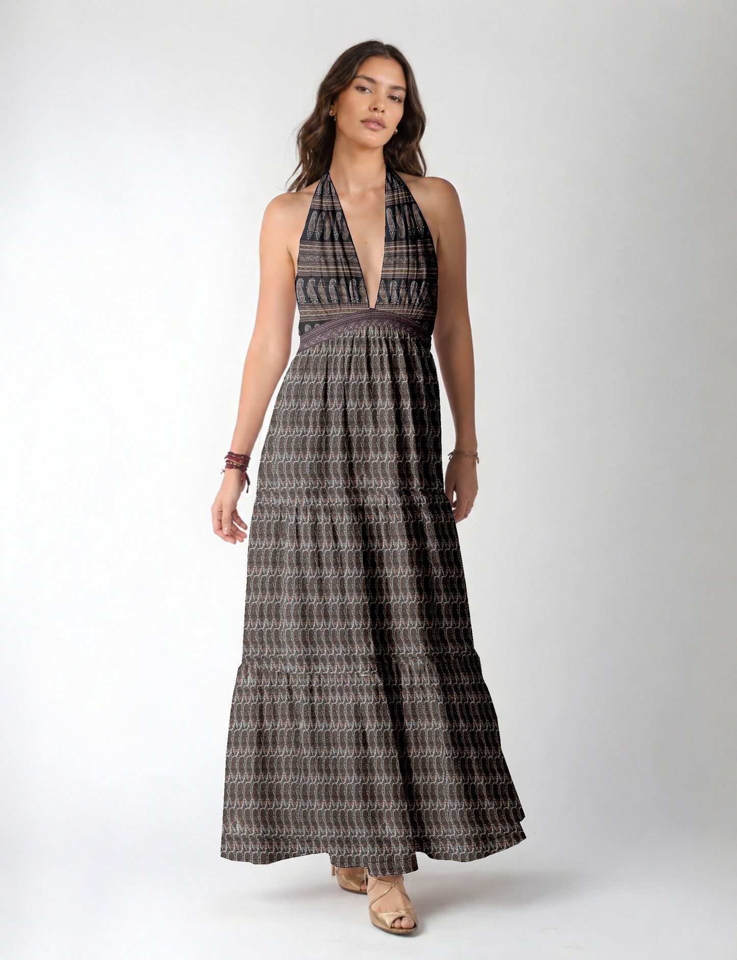 Maxi tiered dress by I was a Sari with halter neckline and flowy silhouette