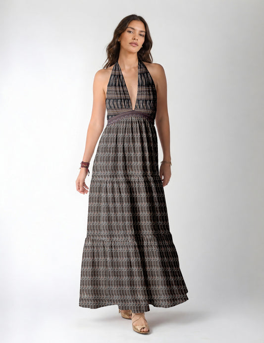 Maxi tiered dress by I was a Sari with halter neckline and flowy silhouette