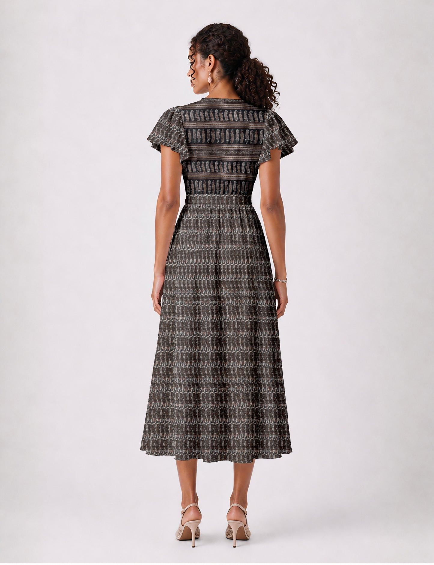 Elegant midi wrap dress with a V-neckline, adjustable waist tie, fitted bodice, and flared skirt for a timeless, flattering silhouette.