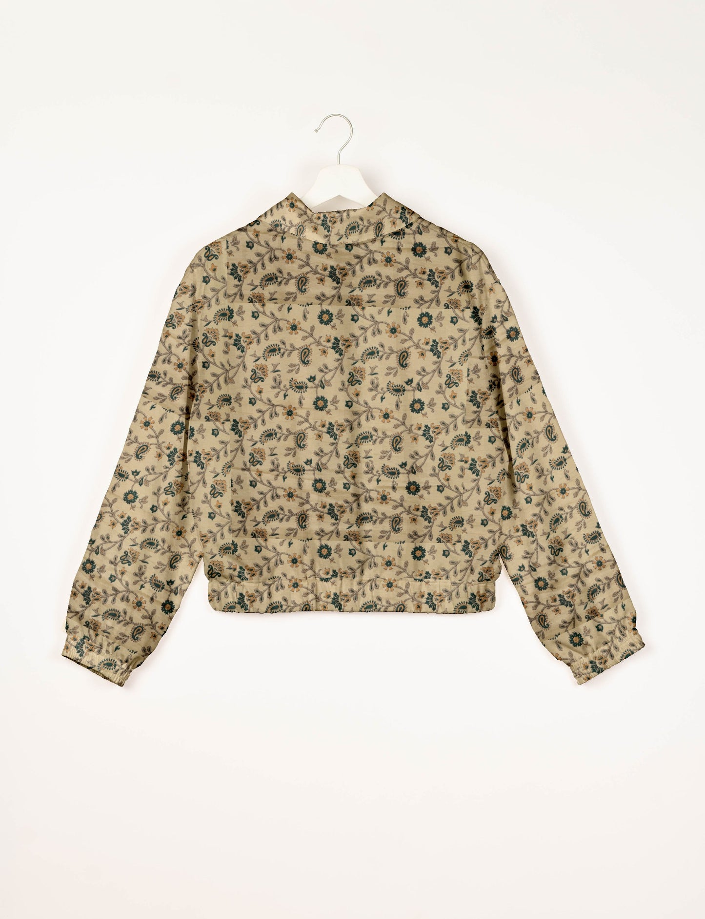 Love Bomber Jacket made from recycled fabric, featuring hand-stitched Aari embroidery. A unique piece of zero-waste clothing, part of the circular fashion movement. Designed with upcycled materials for a stylish yet environmentally friendly clothing choice.