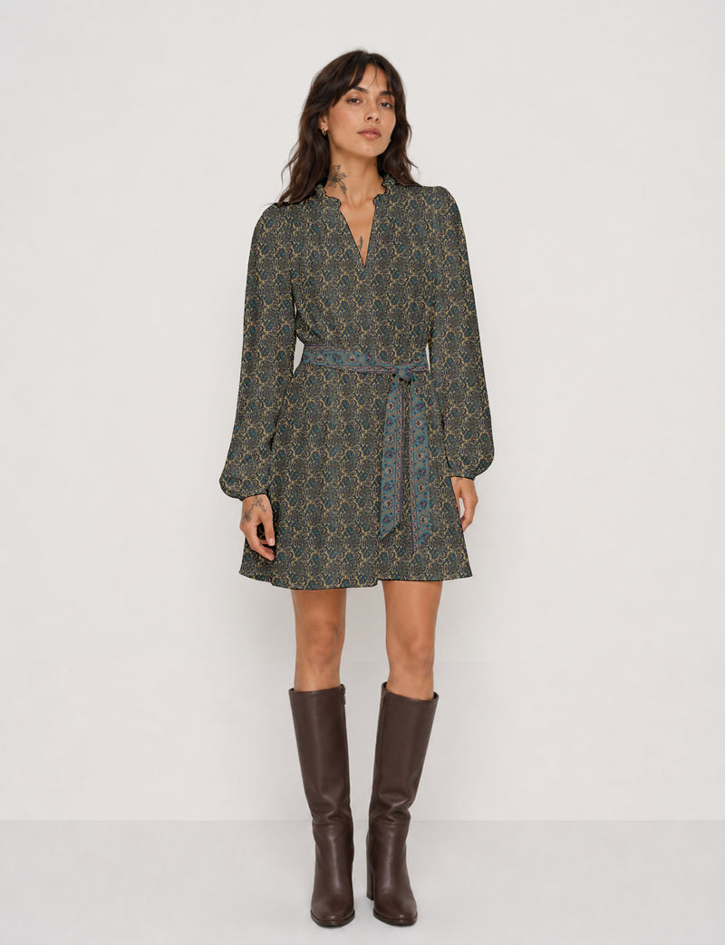 Swing dress with belt - Yellow Floral - Beige Paisley