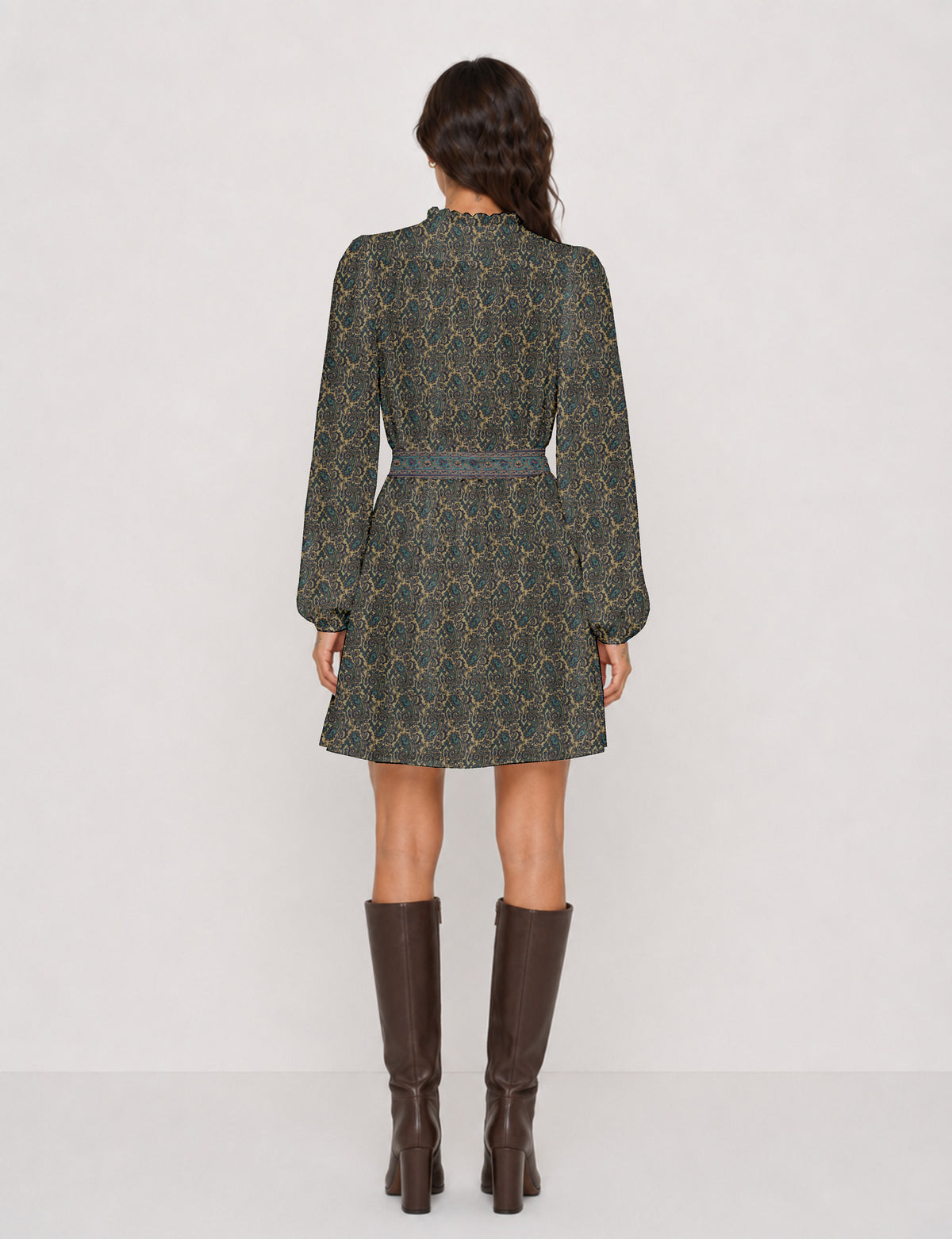 Swingkleid mit Gürtel - Yellow Floral - Beige Paisley