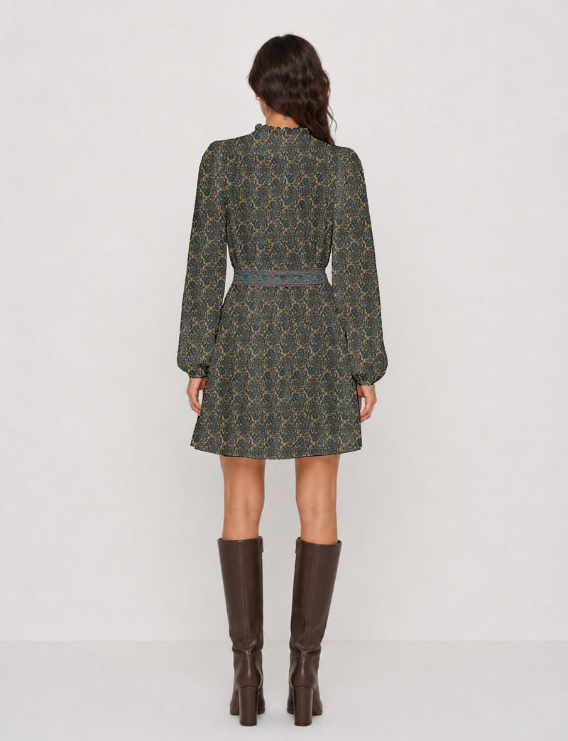 Swing dress with belt - Yellow Floral - Beige Paisley