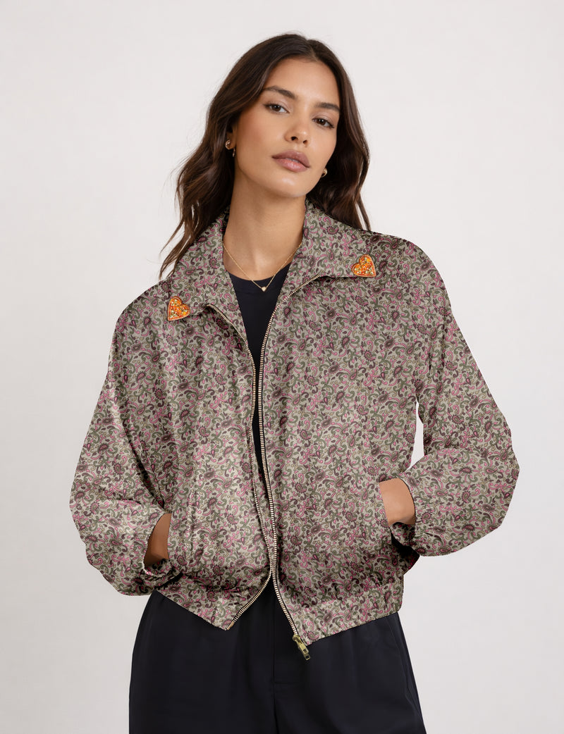 Love Bomber Jacket made from recycled fabric, featuring hand-stitched Aari embroidery. A unique piece of zero-waste clothing, part of the circular fashion movement. Designed with upcycled materials for a stylish yet environmentally friendly clothing choice.