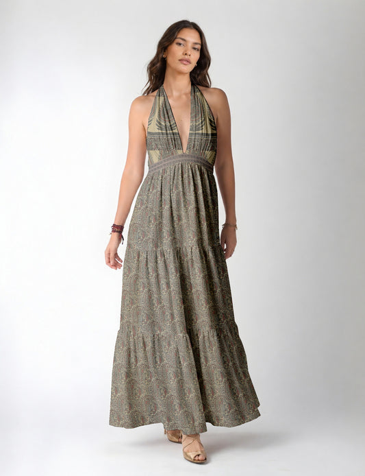 Maxi tiered dress by I was a Sari with halter neckline and flowy silhouette