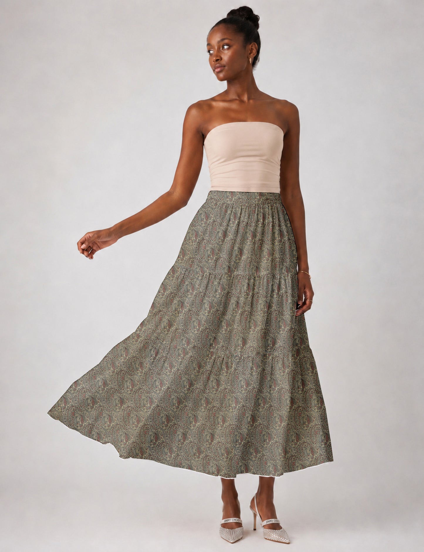 Midi Tiered Skirt - Beige Paisley