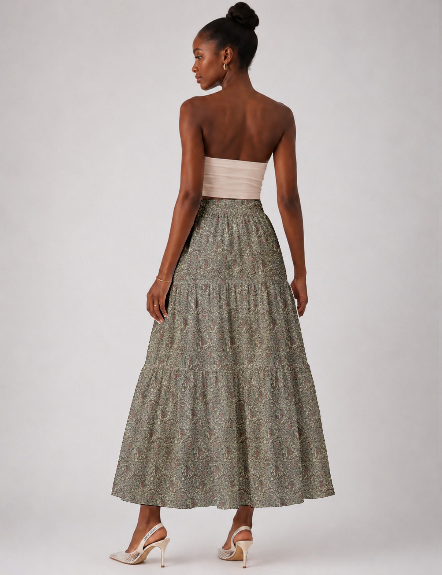 Midi Tiered Skirt - Beige Paisley