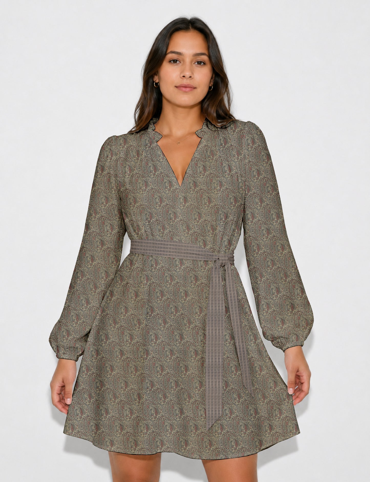 Swing dress with belt - Beige Paisley