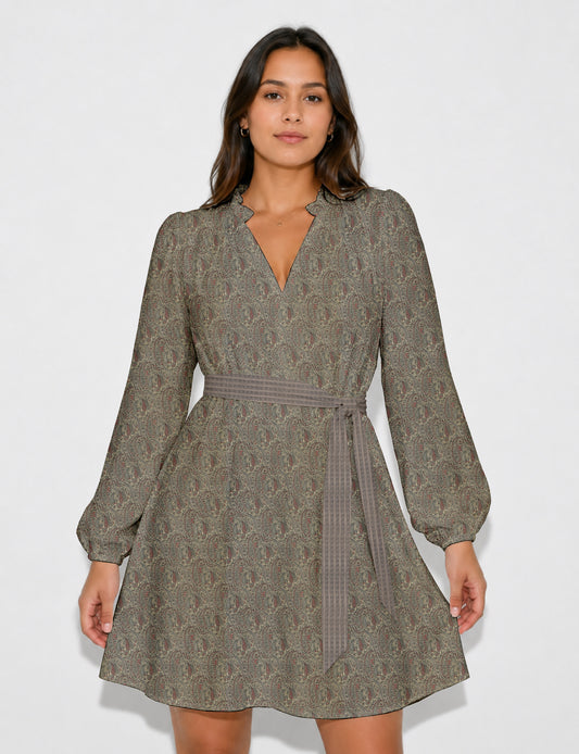 Swing dress with belt - Beige Paisley