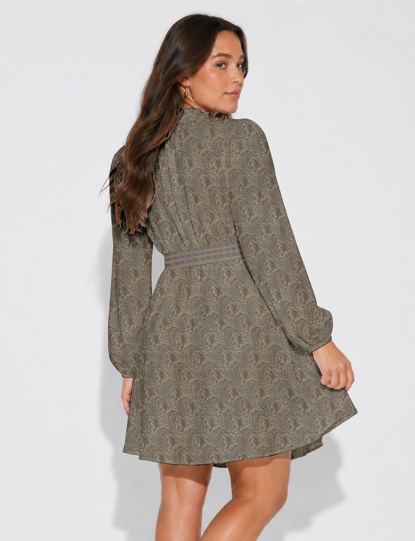 Swing dress with belt - Beige Paisley