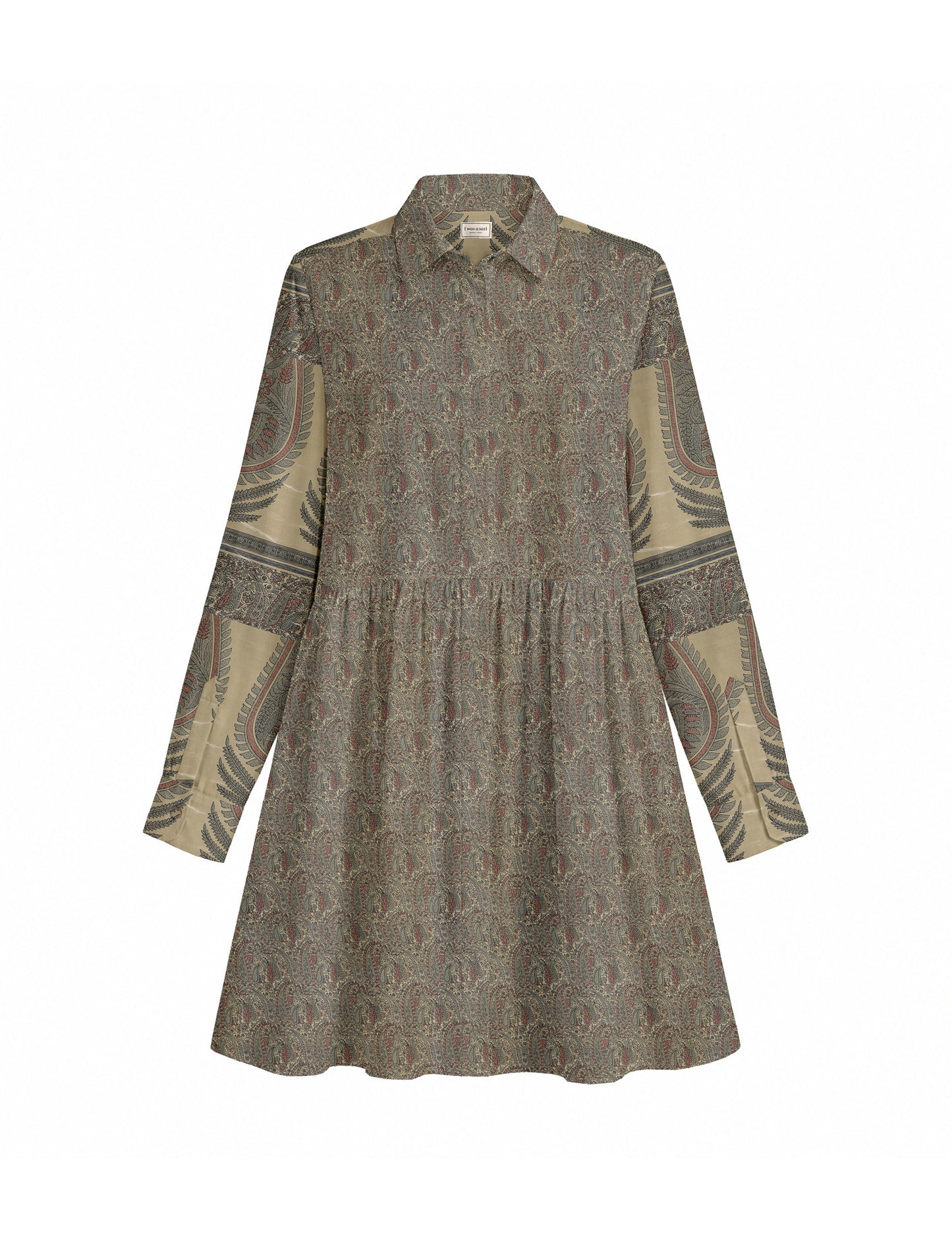 Short shirt dress with a relaxed A-line silhouette, point collar, partial button placket, gathered waist, side pockets, and full-length cuffed sleeves.