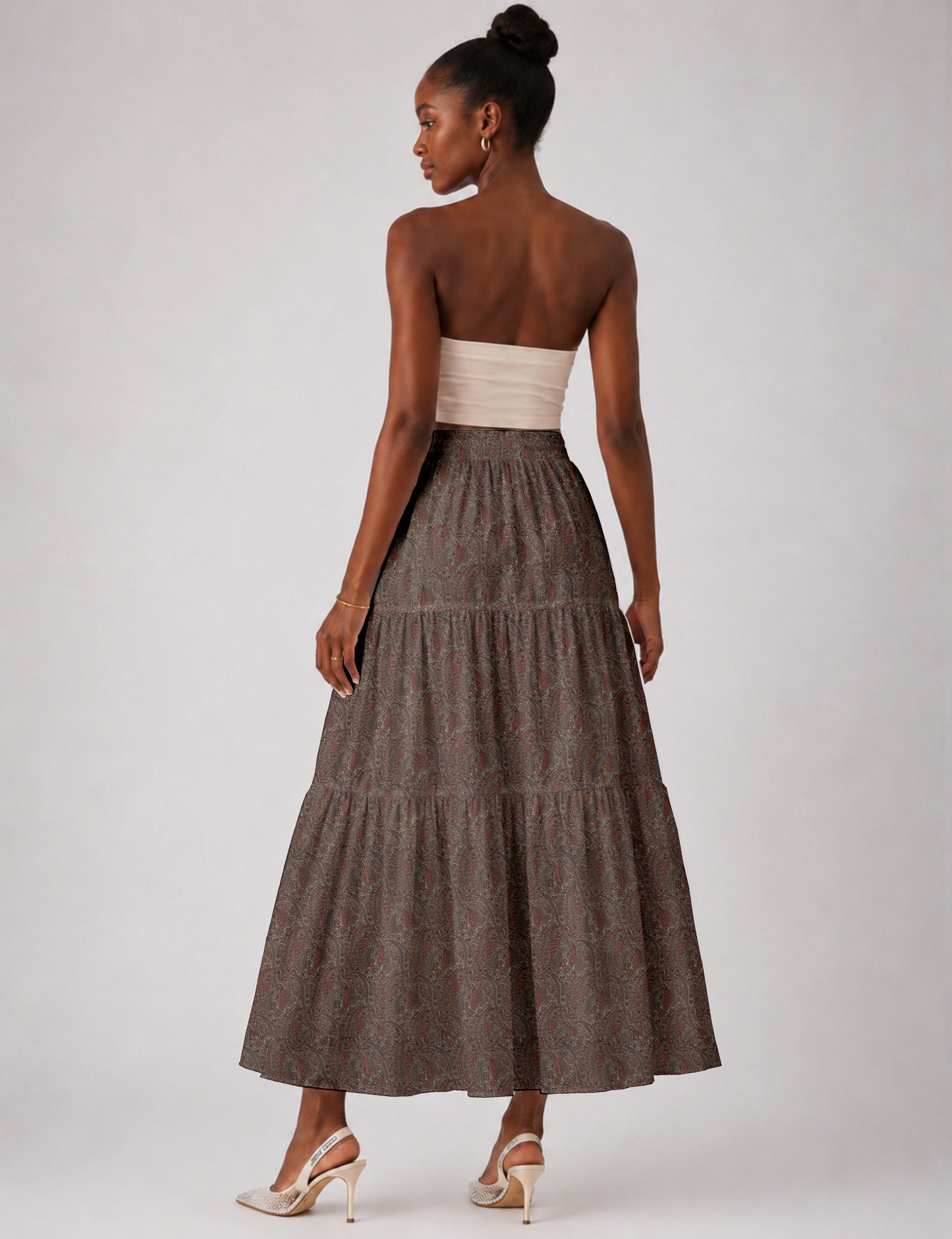 Midi Tiered Skirt - Beige Paisley