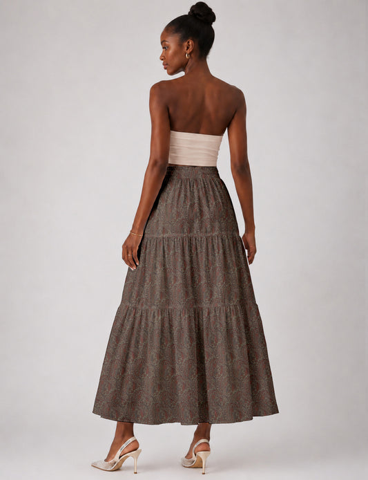 Midi Tiered Skirt - Beige Paisley