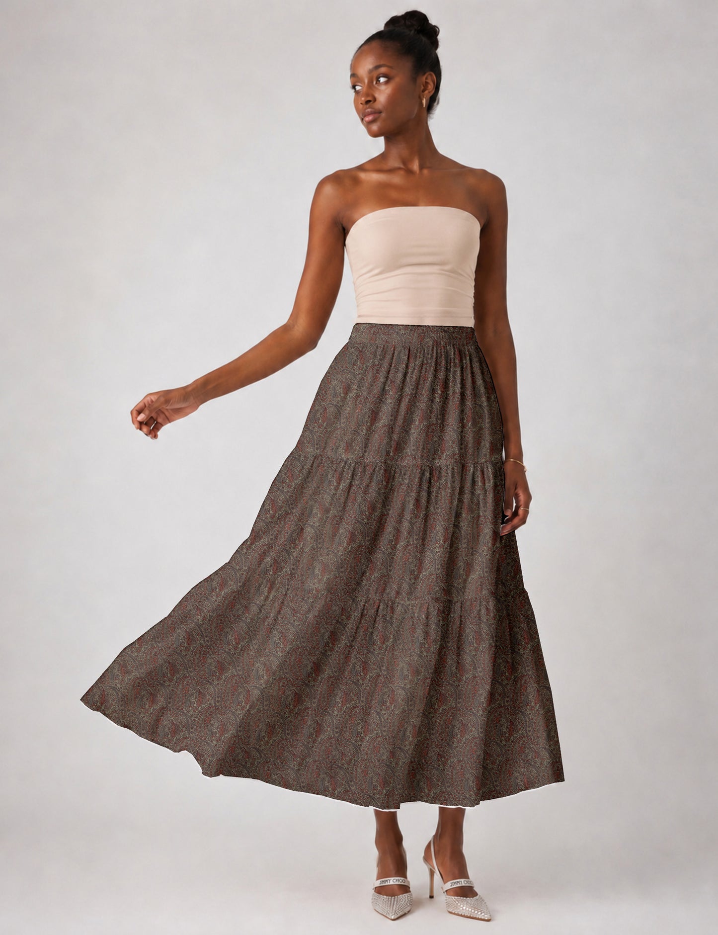 Midi Tiered Skirt - Beige Paisley