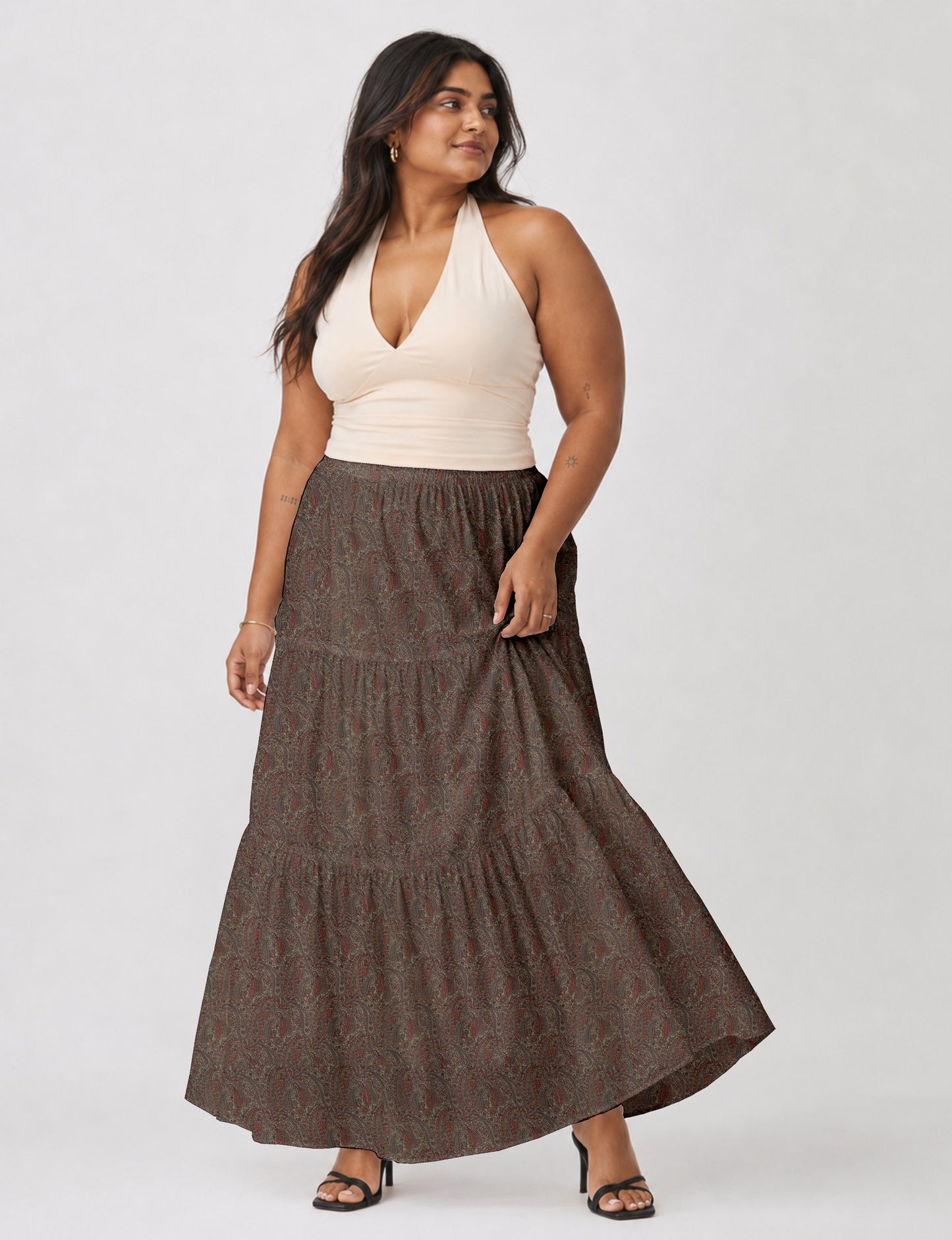Midi Tiered Skirt - Beige Paisley