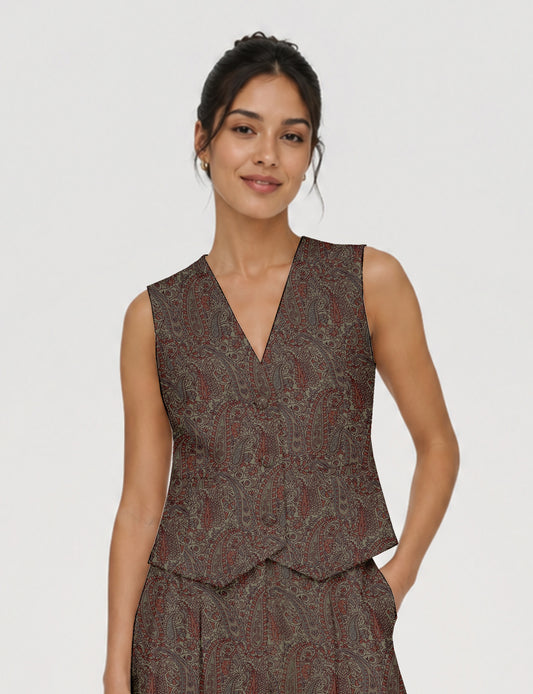 Women's fitted waistcoat with V-neck, single-breasted button closure, tailored silhouette, and pointed hem in sustainable fashion.