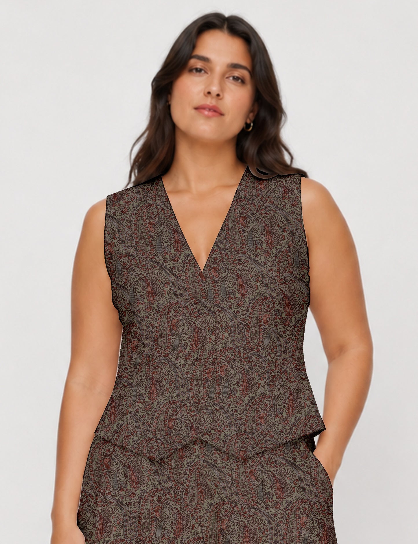 Women's fitted waistcoat with V-neck, single-breasted button closure, tailored silhouette, and pointed hem in sustainable fashion.