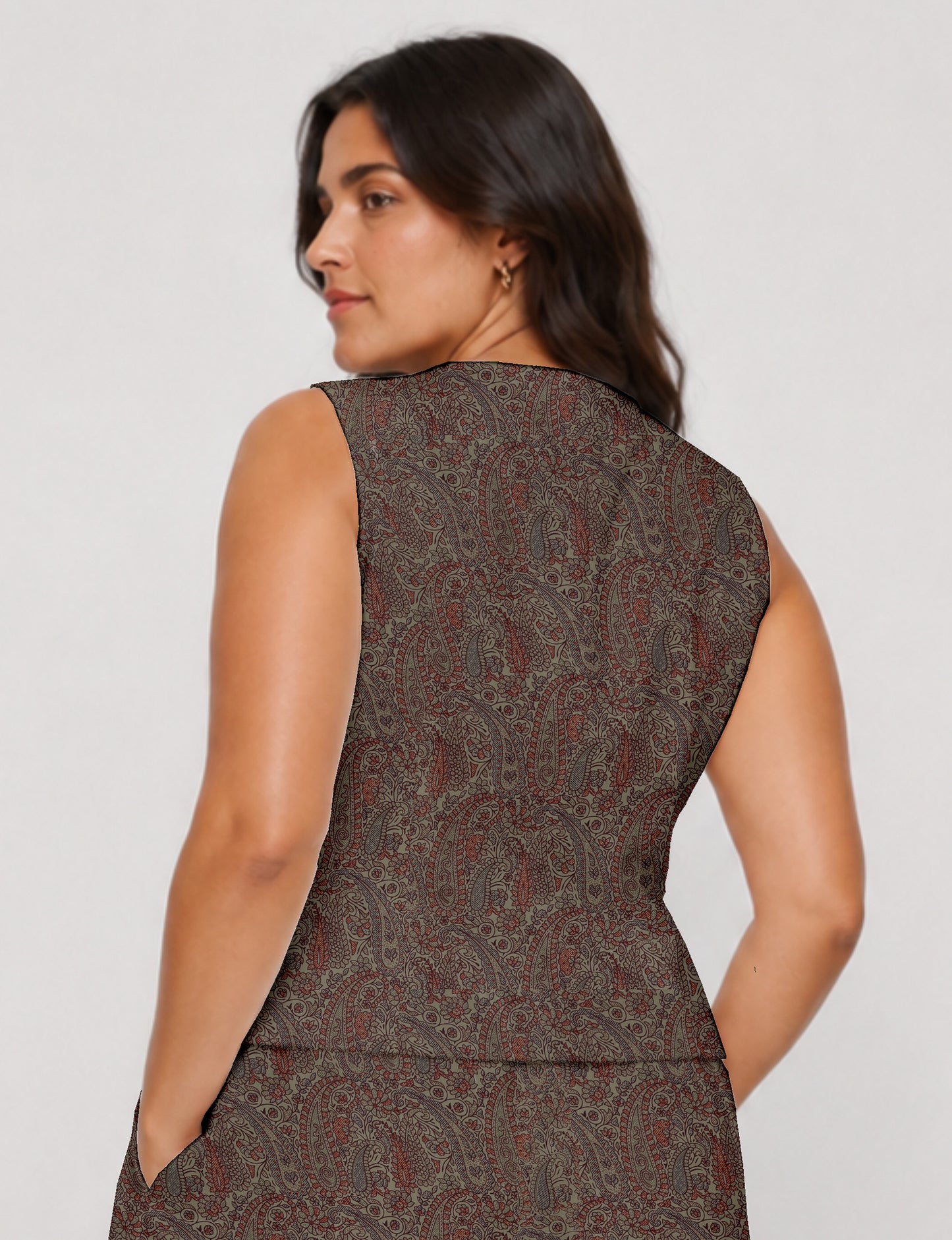Women's fitted waistcoat with V-neck, single-breasted button closure, tailored silhouette, and pointed hem in sustainable fashion.