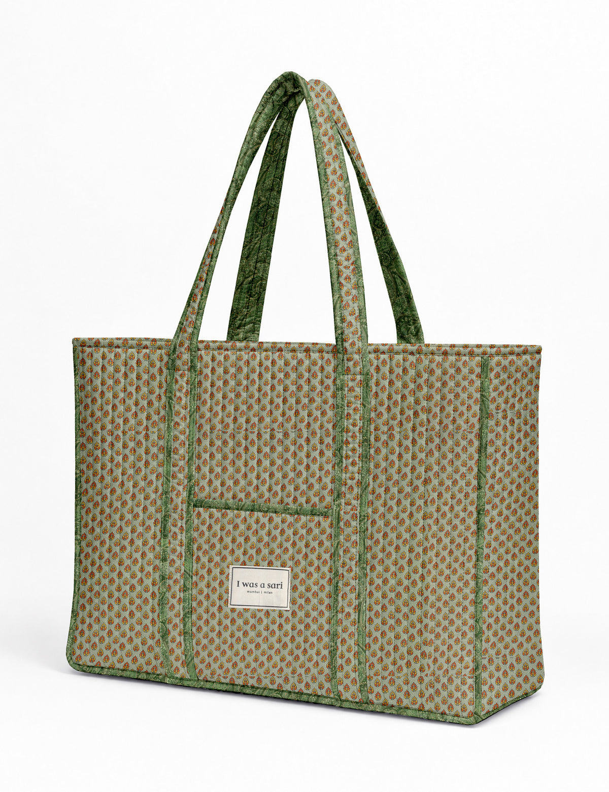 Quilted work tote bag with structured rectangular design and long shoulder straps, representing slow fashion and ethical clothing ideals, made as part of upcycled women's clothing and sustainable women's clothing using recycled fashion and earth friendly clothing practices.