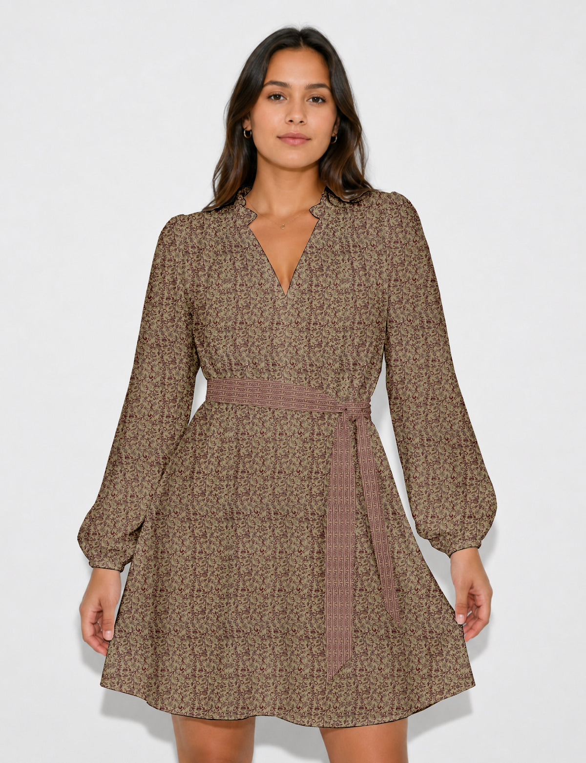 Swing dress with belt - Beige Tropical