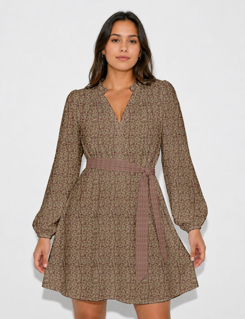 Swing dress with belt - Beige Tropical
