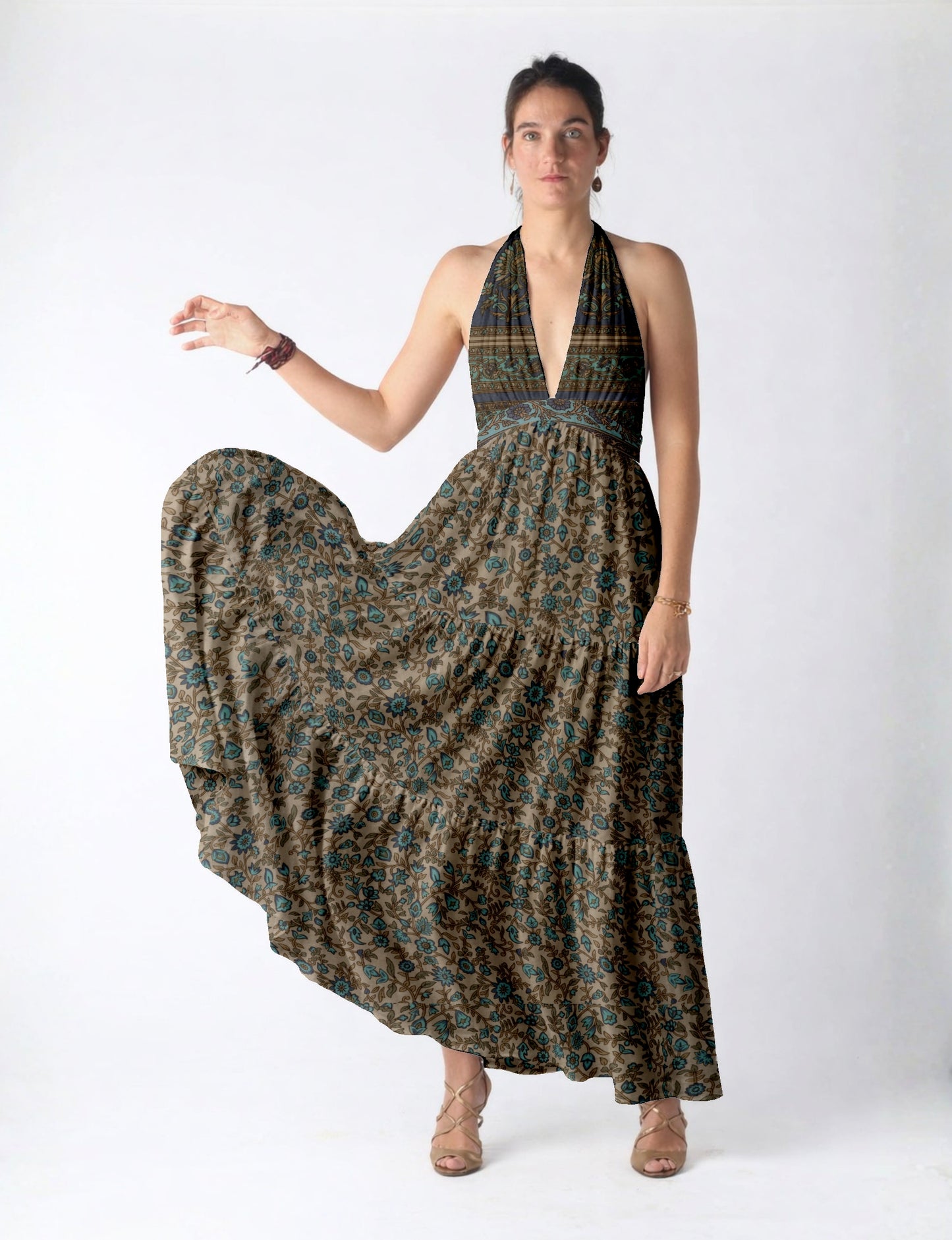 Maxi dress side view highlighting volume and movement