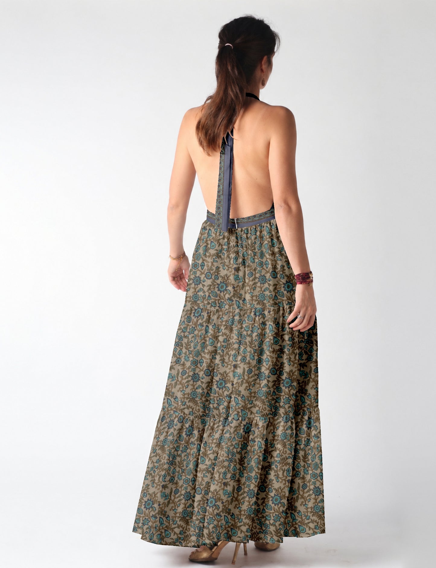 Elegant tiered maxi dress with adjustable tie neck design