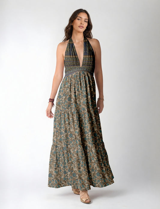 Maxi tiered dress by I was a Sari with halter neckline and flowy silhouette