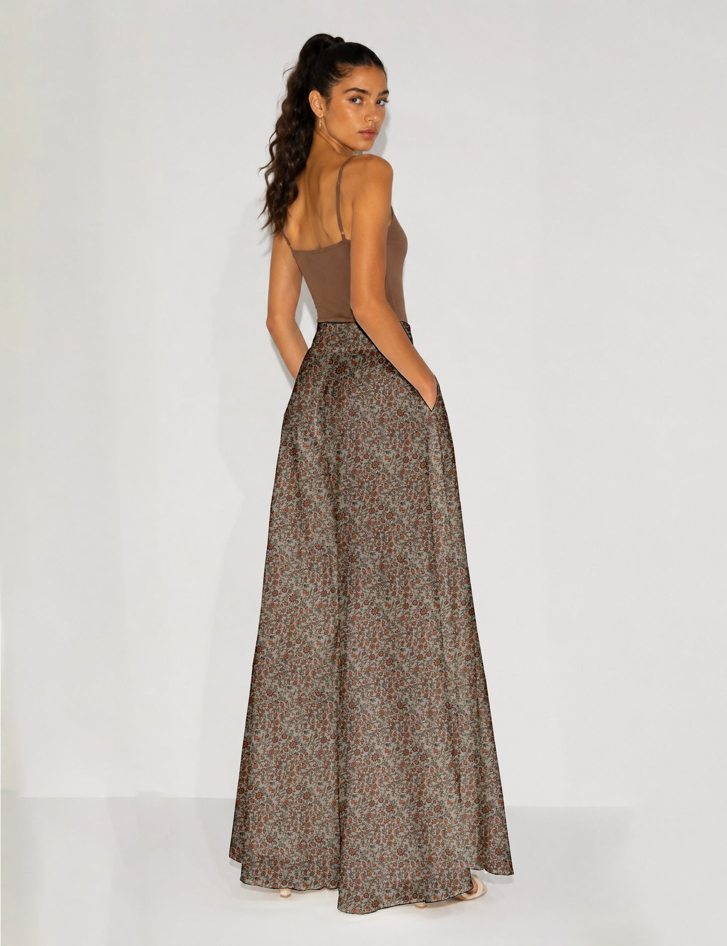 Wide Leg Palazzo Trousers - Beige Tropical