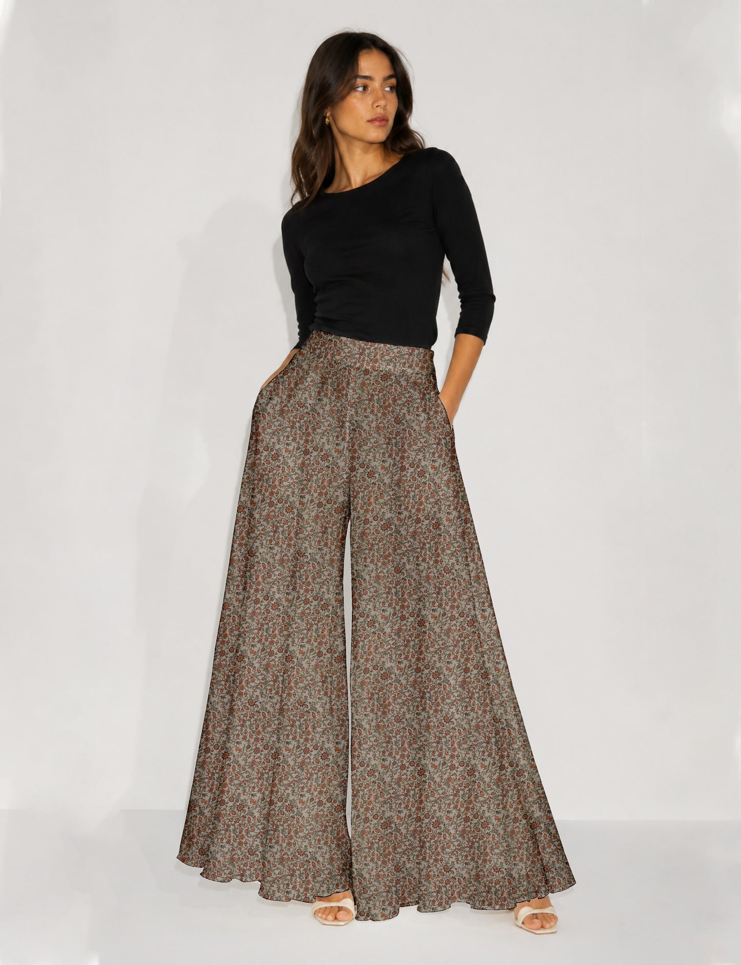 Wide Leg Palazzo Trousers - Beige Tropical