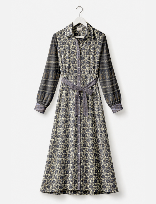 Long shirt dress side view highlighting flared silhouette