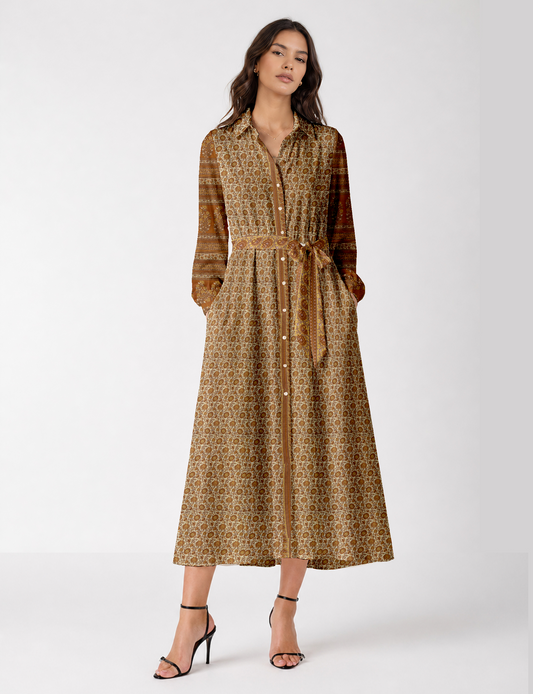 Long shirt dress side view highlighting flared silhouette