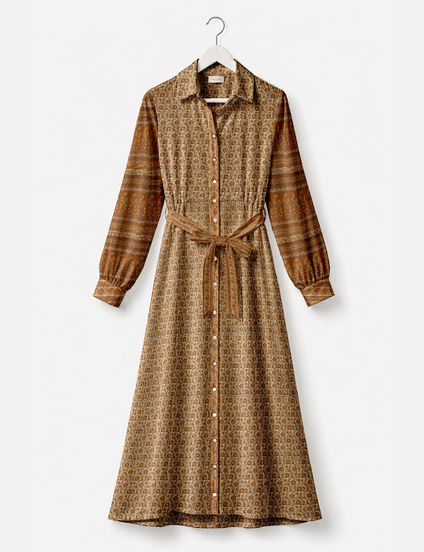Beige long shirt dress with tropical floral and stripe patterns, button front, collar, long sleeves, and waist tie belt, on